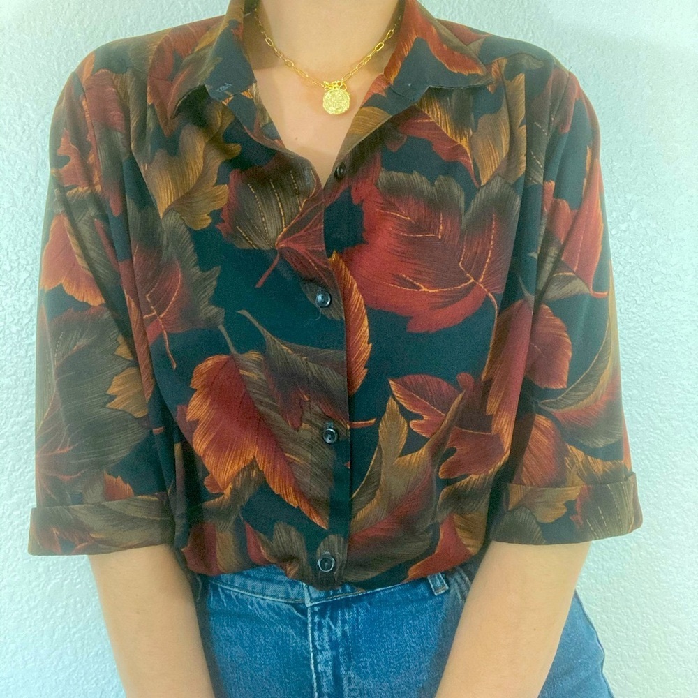 Vintage Leaf Print Fall Relaxed Button Down